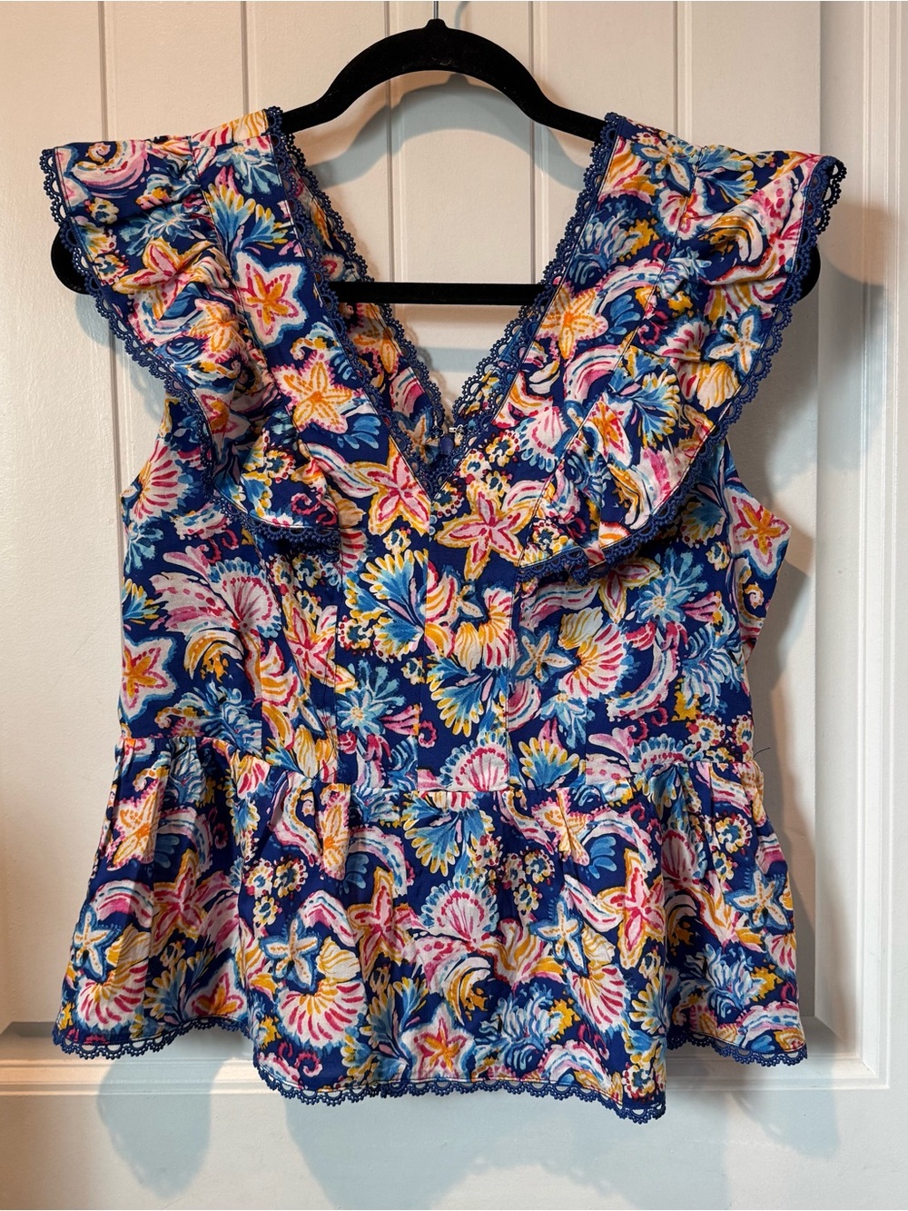 Nanette Lepore Navy Floral Ruffle V-Neck Peplum Top